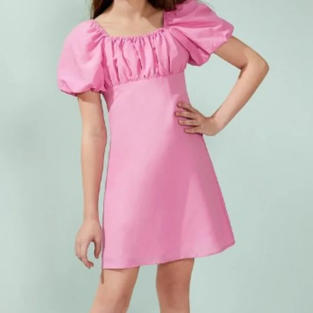 Girls Size 14 GB Girls Pink Puff-Sleeve Empire Waist Dress, Like New - Picture 3 of 10